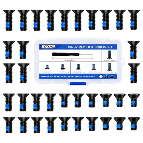 Rykeor #6-32 Red Dot Screw Kit - 36 Pieces for Optics & Mounts, 6 Sizes