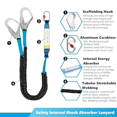 6ft Internal Shock Absorbing Safety Lanyard with Double Snap Hook Connectors, Fall Protection Equipment
