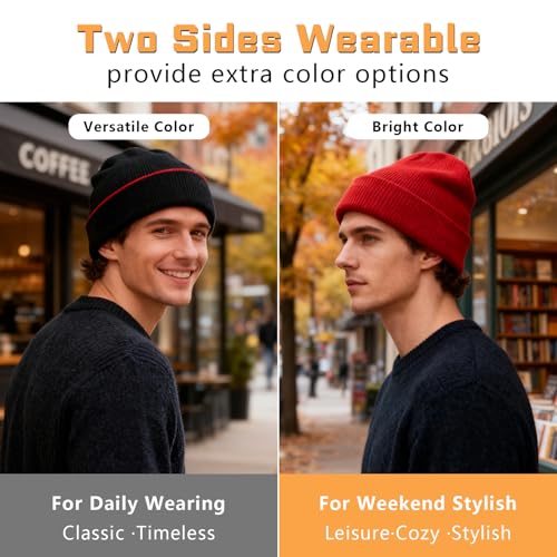 Reversible Knitted Beanie Hat - Black/Red - Warm Winter Cap
