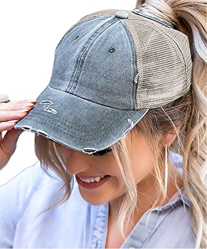 Distressed Ponytail Baseball Cap for Women - Grey 7-7 3/8