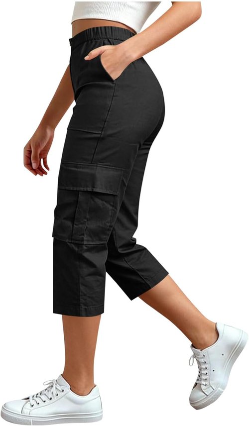 LRMQS Cargo Capris for Women - Plus Size High-Waisted Casual Pants with Pockets | Summer Cropped Style