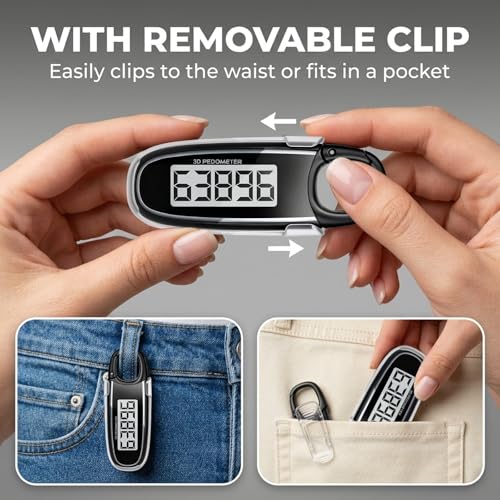 3D Pedometer Step Counter with Clip & Carabiner - Black