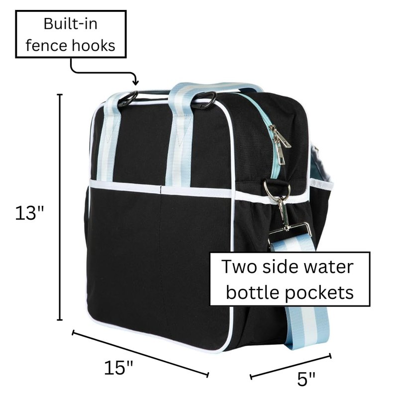 Queen of the Court Prepster Pickleball Bags for Women with Fence Hook - Cute Yet Functional Black Pickleball Tote Bag with Compartments for Water Bottle, Paddles, Balls & Accessories (Black)