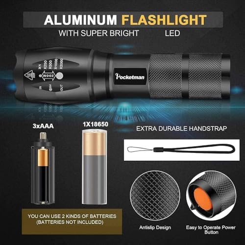Pocketman Super Bright LED Tactical Flashlight 5 Modes Water Resistant Portable Torch