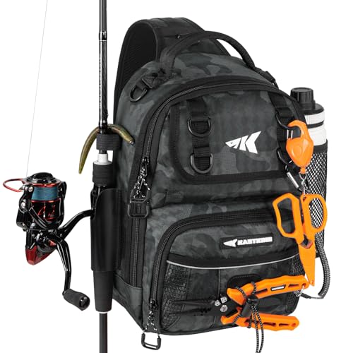 KastKing BaitSpace Fishing Sling Bag with Rod Holder – Black Camo, Standard