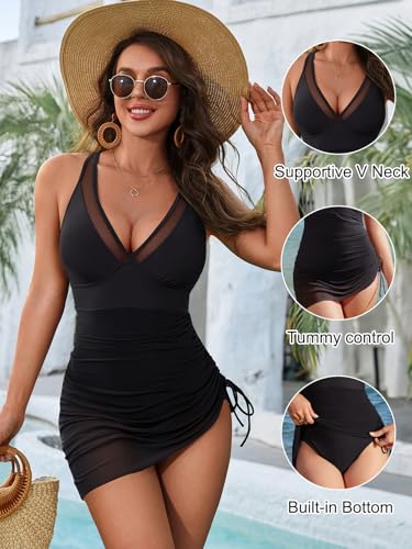 Mesh One-Piece Swim Dress with Tummy Control & Sheer Wrap