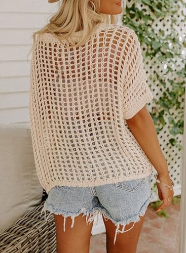 Dokotoo Women's Apricot Summer Crochet Knit Top - Medium, Scoop Neck Short Sleeve Casual Sweater Beach Coverup