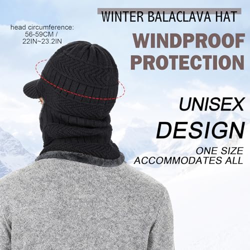 Winter Knitted Balaclava Beanie Hat - Warm Cycling Ski Mask, Windproof Hood, Heavyweight Thermal Fleece, One Size Black