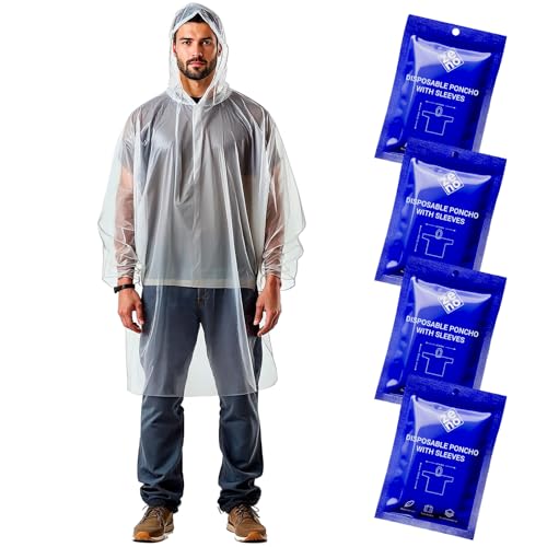 Disposable Rain Ponchos for Adults - Clear with Hood, Pack of 4 - Dark Blue