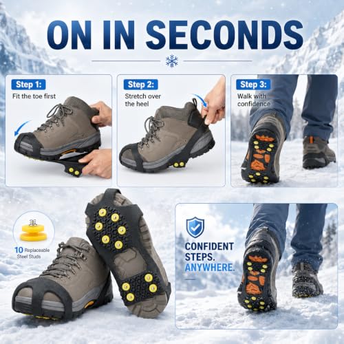 Ice Cleats for Shoes and Boots – Large Black Traction Grippers