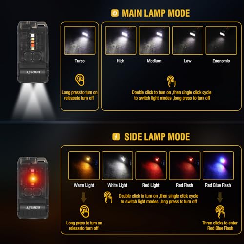 BORUIT V15 LED Small Powerful EDC Flashlight with Warm White Red Light,Bright 1200LM USB C Rechargeable 10 Modes Mini Pocket Keychain Flash Light with Clip,IP67 Waterproof,80¡ÆHead Swivels,Tail Magnet