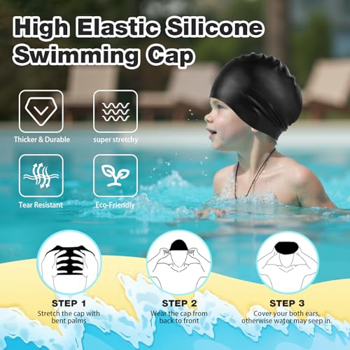 Kids Swim Caps for Long Hair - 2 Pack Silicone, Black & Blue