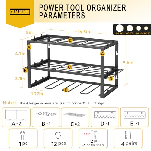 Spacecare Power Tool Organizer- Power Drill Tool Holder- Heavy Duty Tool Shelf & 1 Pack 3 Layers Tool Rack Cordless Drill Holder- Floating Tool Shelf Wall Mounted Tool Storage Rack for 4 Drill Holders