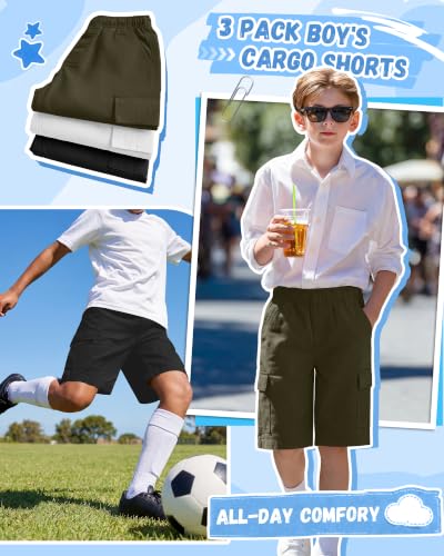 Kids Boys Cargo Shorts 3 Pack - School Uniform Summer Pants, Size 10-11 Years, Olive Green, White, Black
