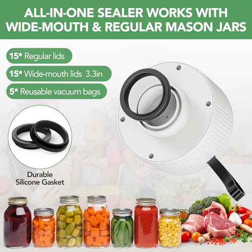 Electric Mason Jar Vacuum Sealer Kit with Reusable Lids & Bags for Food Preservation