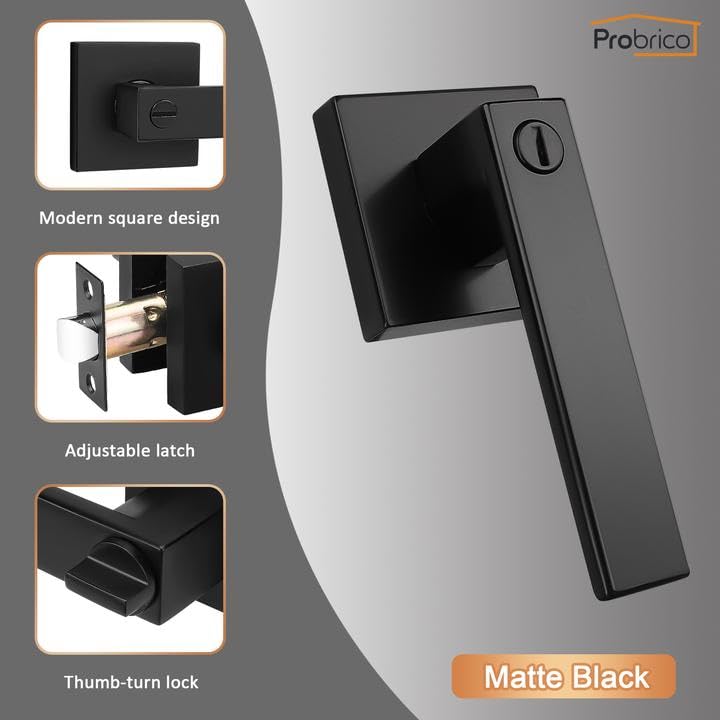 Probrico 4 Pack Square Privacy Door Levers Black Privacy Door Handles Lock Handleset Keyless Lockset Door Knobs Interior Handles for Bedroom & Bathroom