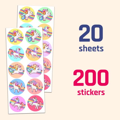 Unicorn Sticker Sheets - 20 Sheets with 200 Self-Adhesive Stickers