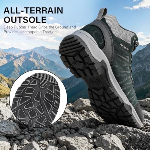 OUTJET Men's Waterproof Hiking Boots - Lightweight Leather Mid Ankle Trail Shoes, Dark Green, Size 11