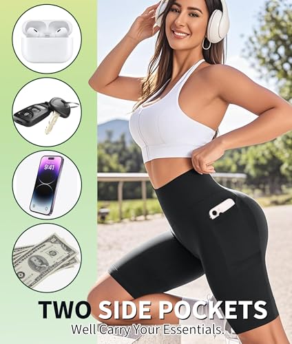 High Waisted Biker Shorts with Pockets - 8 Inch - White