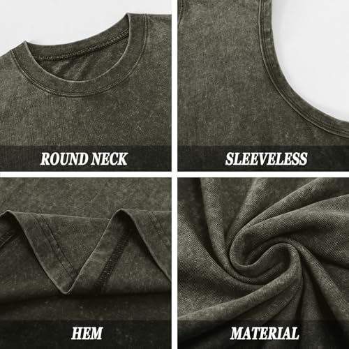 Mens Cotton Workout Tank Top - Acid Wash Sleeveless Tee, XX-Large A-army Green