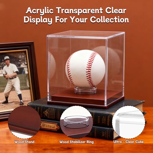 Baseball Display Case - Clear Acrylic Cube with Wooden Base