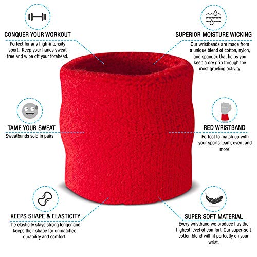 Wrist Sweatbands - Absorbent Thick Cotton for Gym, Red