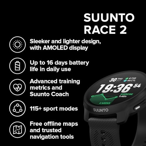 Suunto Race 2 GPS Sports Watch - AMOLED Display, 115+ Modes, All Black