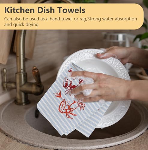 Red Crab Beach Kitchen Towels - Coastal Nautical Hand Towels, 16x24 Inch