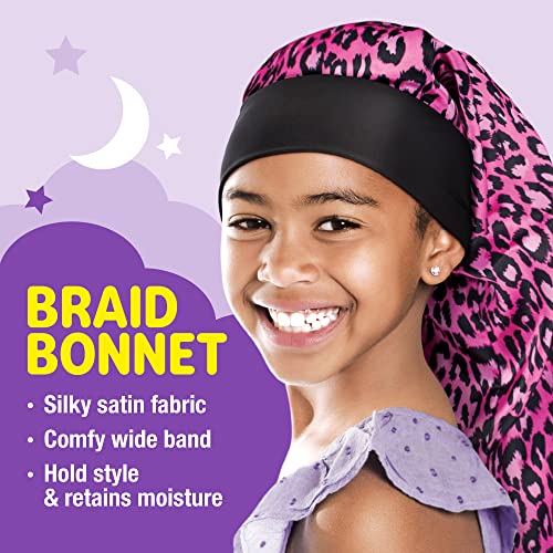 Kids Satin Braid Bonnet for Long Hair - Comfy Wide Band - Pink Leopard