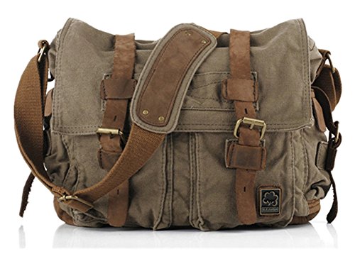 Sechunk Small Army Green Vintage Military Leather Canvas Laptop Bag Messenger