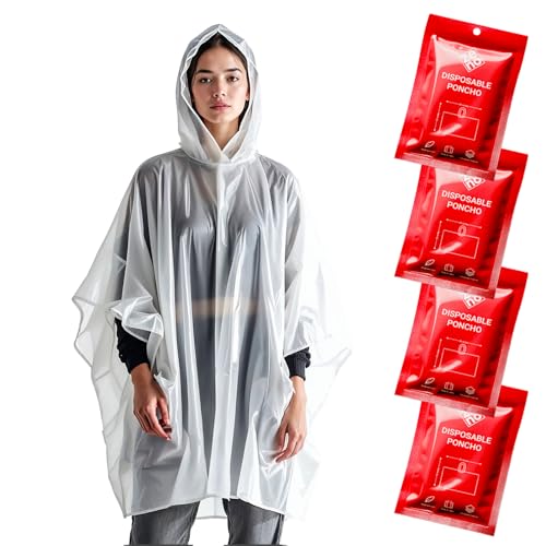 Disposable Rain Poncho for Adults with Hood - Compact Emergency Gear - Red