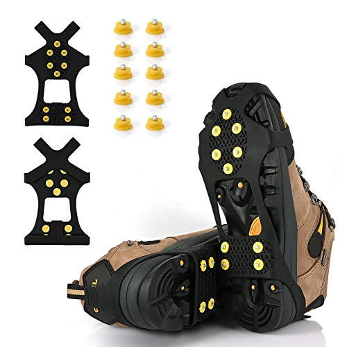 Ice Cleats Traction Grippers - Non-Slip Rubber Spikes with 10 Steel Studs - Black Medium