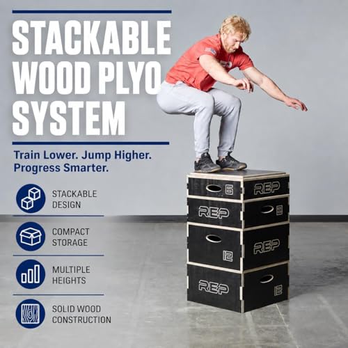 Wooden Plyo Box - Stackable Jump Platform for Home Gym - 4, 6.8, 12 Inch