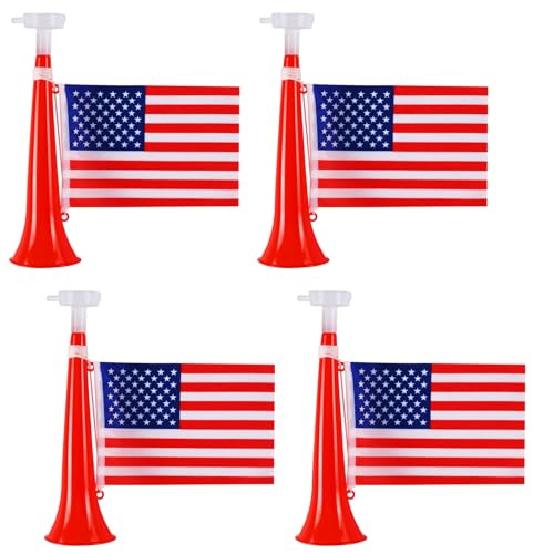 11 Inch Cheering Stadium Horns with American Flags - 4 Pack
