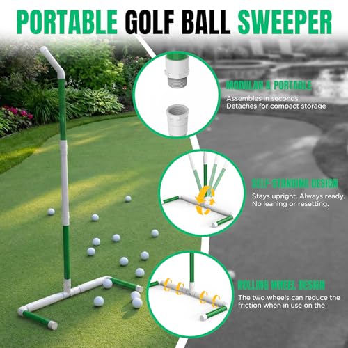 DURARANGE Portable Golf Ball Sweeper with Interchangeable Heads, Self-Standing Tool