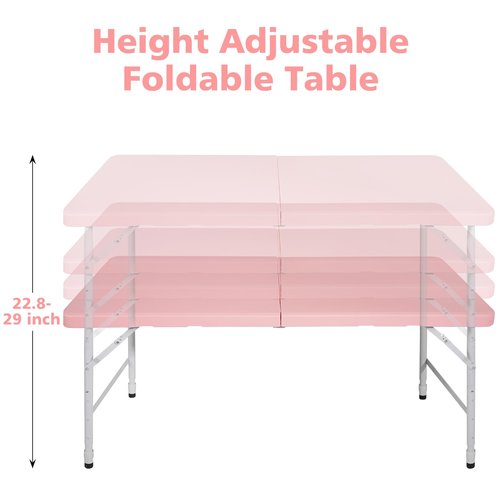 SculPong 4 FT Folding Table with Carry Handle, Portable Fold-in-Half Plastic Table, Rectangle Foldable Table for Indoor/Outdoor Pink