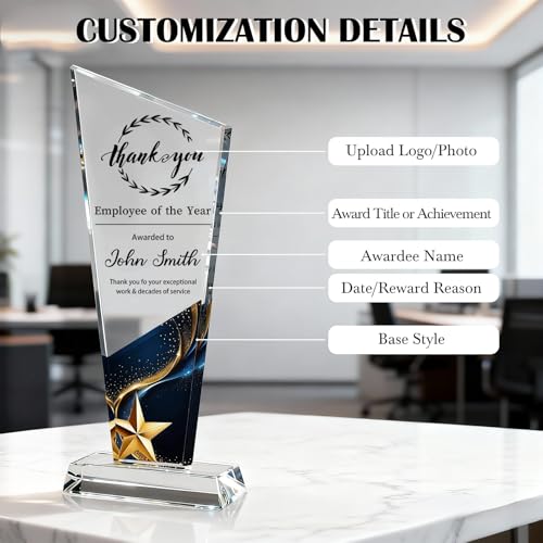 Custom Crystal Trophy Award - Personalized Plaque with Text & Photo - Half Style