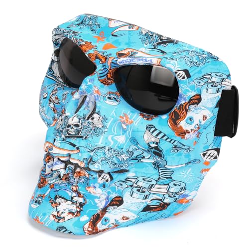 Blue Spooky Skull Face Mask for Airsoft, Painted Motor Racing Goggle-Protected