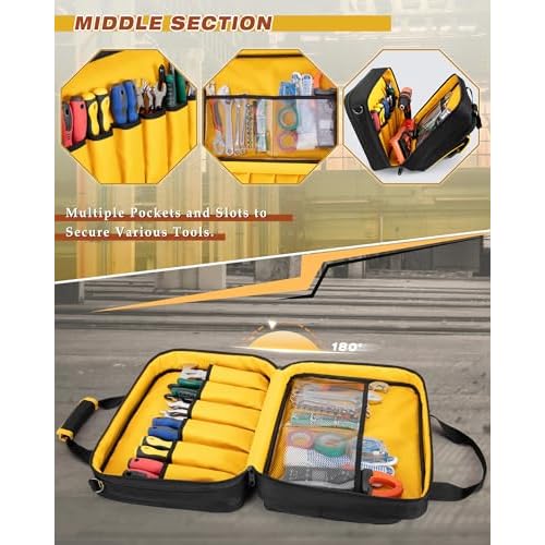 Electrician Tool Bag with Laptop Sleeve, Tool Tote with Multiple Pockets for Technicians, Black