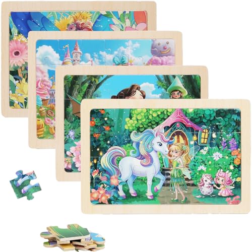Wooden Puzzles for Kids - 4 Sets, 24 Pieces Each, Pink Princess Theme