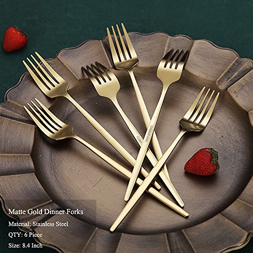 Matt Gold Dinner Fork Set - 6 Pieces, 8.4" Stainless Steel, Dishwasher Safe