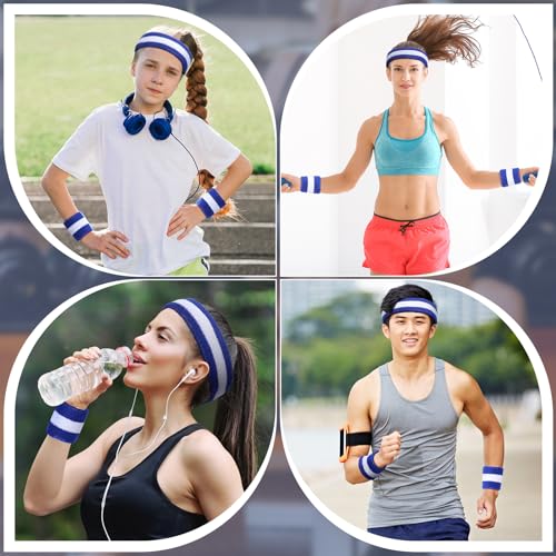Dark Blue & White 36 pcs Neon Sports Sweatbands Set - Headbands & Wristbands for Men Women, Athletic, Glow Party