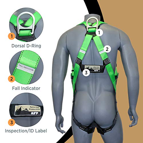 AFP Universal Full-Body Fall Protection Safety Harness with Dorsal D-Ring and Mating Buckle Legs | Roofer, Construction, Scaffolding PPE | High-Visibility Green [OSHA/ANSI Compliant]