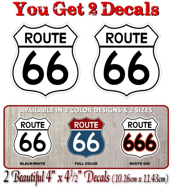 Vintage Route 66 Decals - 2 Pack Black & White Stickers, 4"x4.5"