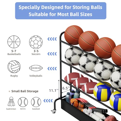 MWQ 4-Tier Basketball Rack Rolling Storage Cart for Basketballs, Footballs & Soccer - Indoor/Outdoor
