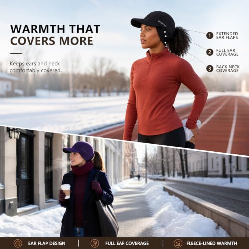 Women's Water-Repellent Winter Ponytail Baseball Cap with Fleece Ear Flaps - Medium-Large, Black | TOP-EX