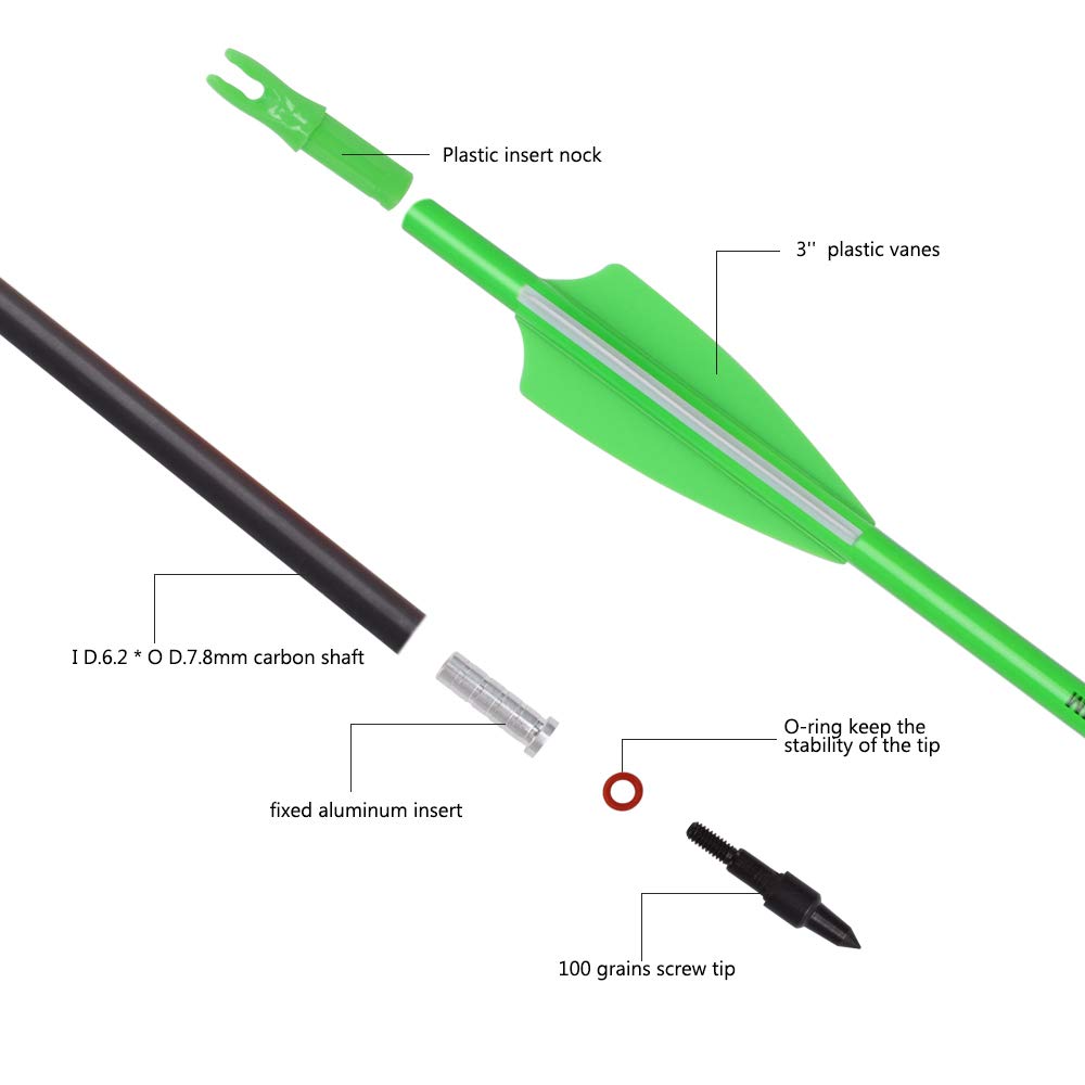 Carbon Arrow Archery 24inch Hunting Target Practice Arrows for Compound & Recurve Bow Spine 500 with Removable Tips (Pack of 12)