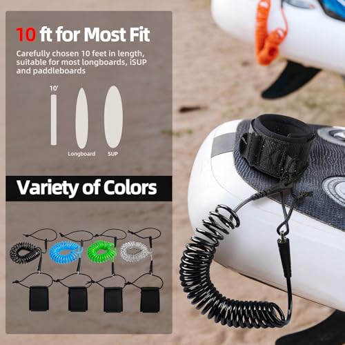 10 ft Coiled SUP Leash - Durable Anti-Slip Paddle Board Strap - Black Lite