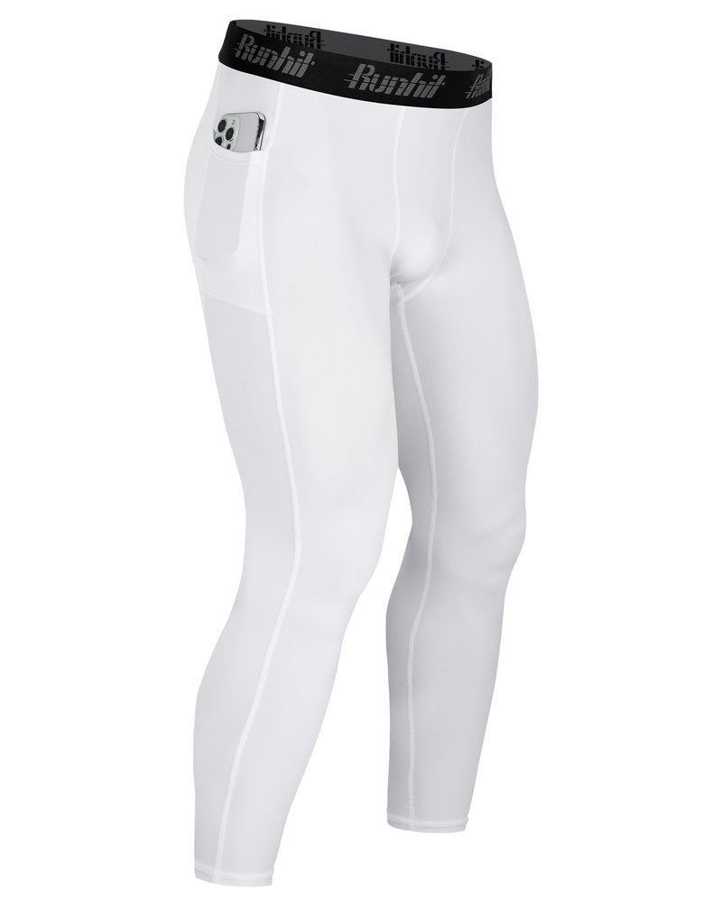 Runhit Mens Compression Pants Running Tights with Pockets Sports Leggings Spandex Workout Cycling Athletic Thermal (White,Medium)