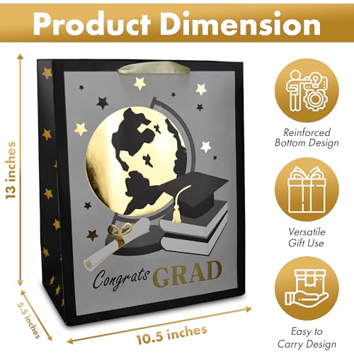 Large Graduation Gift Bags with Handles - 3-Pack Foil Embellished